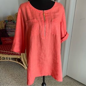 ELLEN TRACY Linen Peach Coral Woven Pullover Shirt! Gold zipper! LARGE Like New.